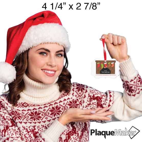 Size Guide With Woman Holding Up Custom Ornate Acrylic Ornament With Red Ribbon And Customizable Fireplace Stocking Art