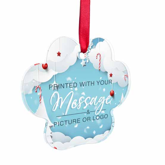 Custom Paw Shaped Acrylic Ornament With Red Ribbon And Full Color Festive Artwork Showing Customizable Areas
