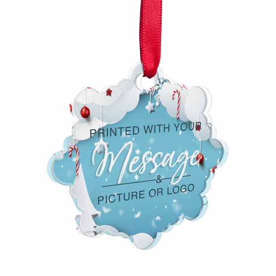 Custom Snowflake Shaped Acrylic Ornament With Red Ribbon And Full Color Festive Artwork Showing Customizable Areas