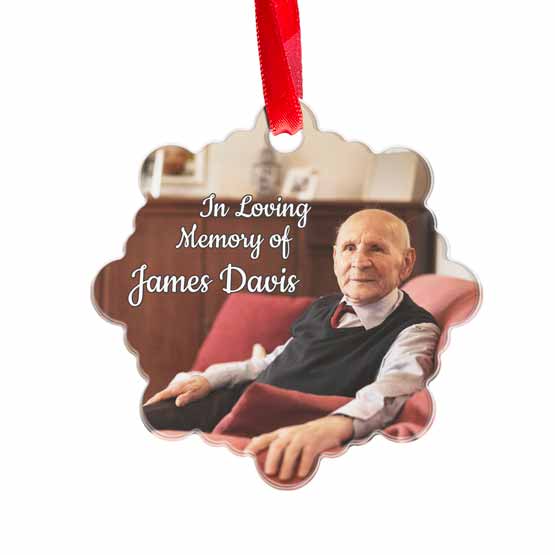 Custom Snowflake Shaped Acrylic Ornament With Red Ribbon And Full Color Photo Of Old Man With Memorial Message