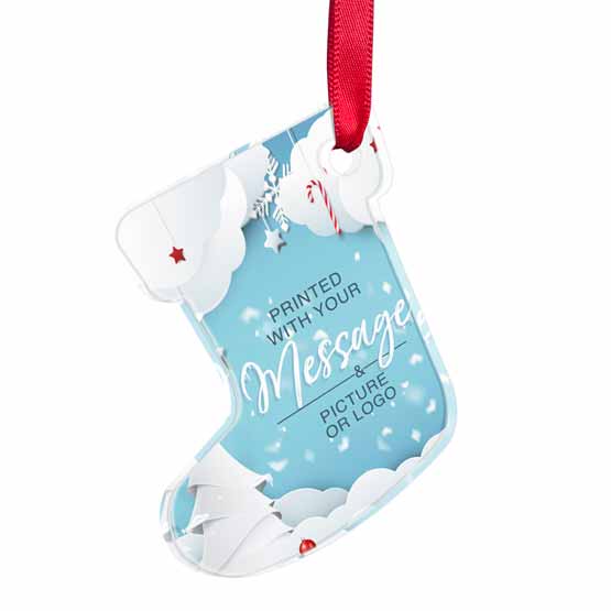 Custom Stocking Shaped Acrylic Ornament With Red Ribbon And Full Color Festive Artwork Showing Customizable Areas