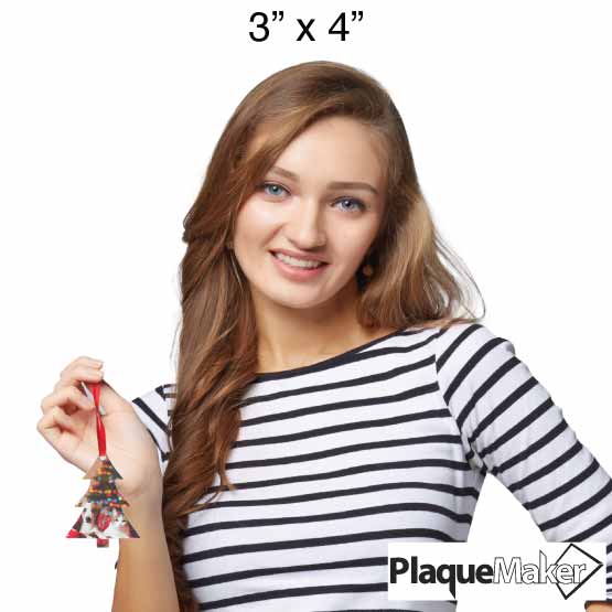 Size Guide With Woman Holding Custom Christmas Tree Shaped Acrylic Ornament With Red Ribbon And Full Color Photo Of Pets