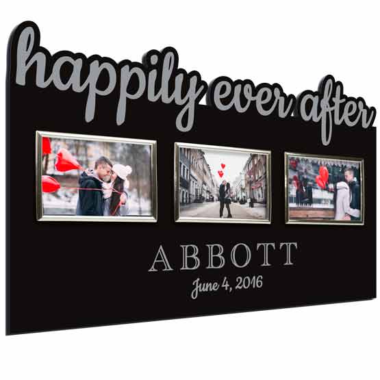 Custom Black Acrylic Sign With Three Silver Picture Frames And Couple Photos And Cutout Of Happily Ever After Text