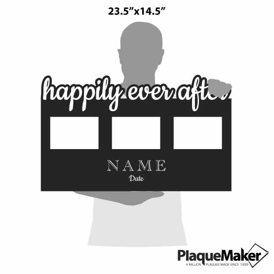 Size Guide With Blank Figure Holding Custom Black Acrylic Sign With Happily Ever After Cutout And Three Picture Frame Areas