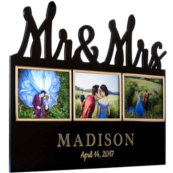 Custom Black Acrylic Sign With Mister And Missus Cutout And Three Gold Picture Frames And Couple Photos And Name And Date
