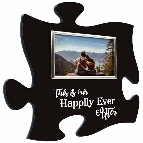 Custom Black Acrylic Sign With Puzzle Piece Shape And Happily Ever After Text And Silver Picture Frame With Couple Photo