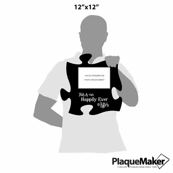 Size Guide With Blank Figure Holding Puzzle Piece Shaped Black Acrylic Sign With Happily Ever After Text And Picture Frame