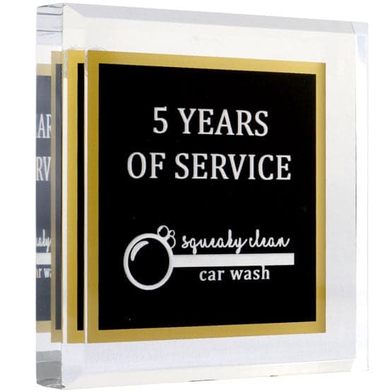 Custom Black And Gold Acrylic Paperweight Award For Years Of Service With Car Wash Company Logo And Freestanding Design