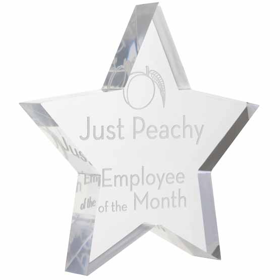 Custom Star Shaped Acrylic Paperweight Award For Employee Of The Month With Just Peachy Company Logo And Text