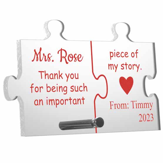 Custom Puzzle Piece Shaped Acrylic Sign With Teacher Appreciation Message And Student Name Standing Via Silver Pin