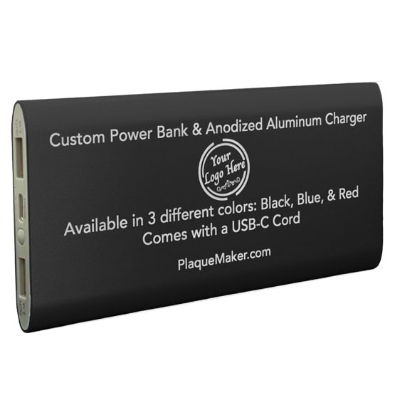Black Aluminum Power Bank Laser Engraved To Show Customization Areas And Options With Sample Logo
