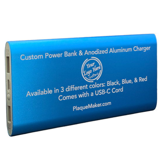 Blue Aluminum Power Bank Laser Engraved To Show Customization Areas And Options With Sample Logo