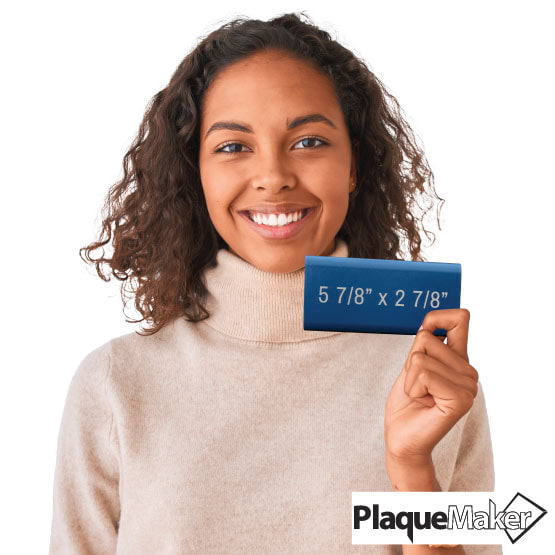 Size Guide With Happy Woman Holding Up A Blue Aluminum Power Bank And Showing Measurements Against A White Background