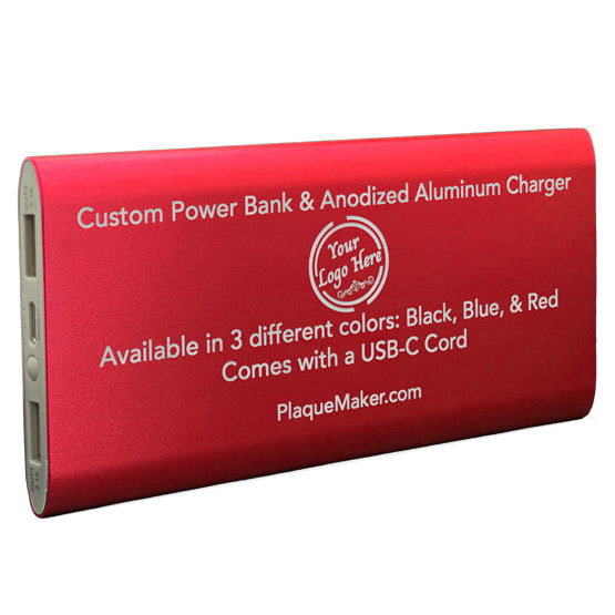 Red Aluminum Power Bank Laser Engraved To Show Customization Areas And Options With Sample Logo