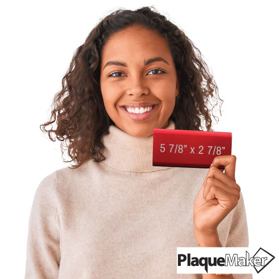 Size Guide With Happy Woman Holding Up A Red Aluminum Power Bank And Showing Measurements Against A White Background