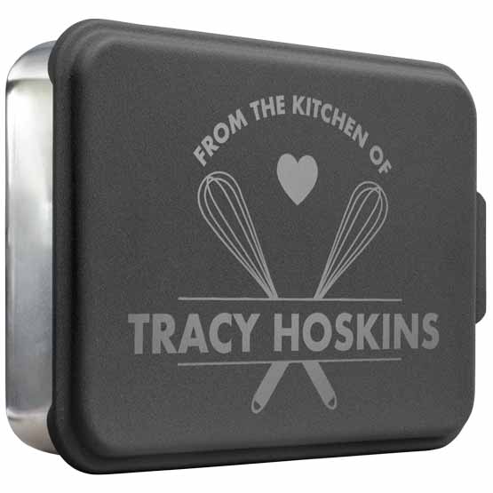 Custom Aluminum Cake Pan With Black Lid Featuring Whisk Artwork And Name And From The Kitchen Of Text