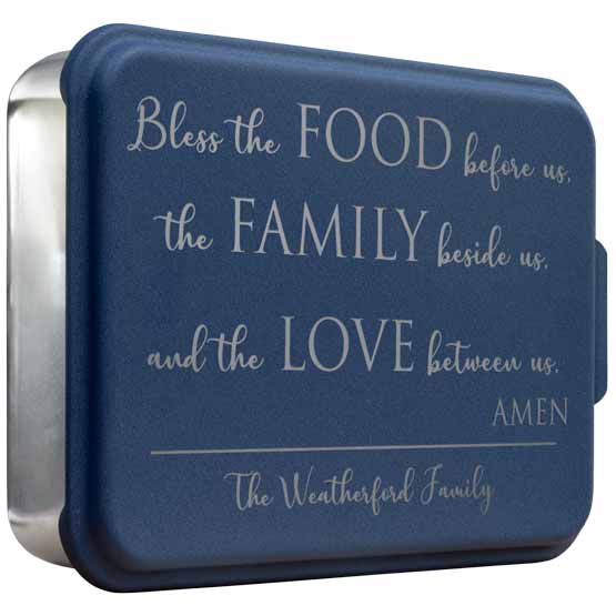 Custom Aluminum Cake Pan With Rectangle Shape And Navy Blue Lid With Religious Prayer Text And Family Name