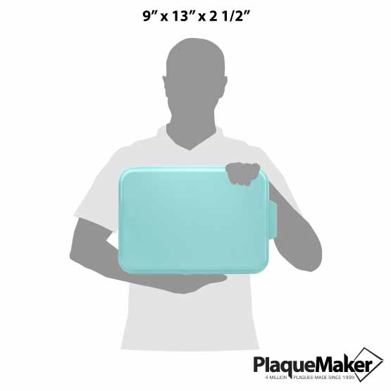 Size Guide With Blank Figure Holding Custom Aluminum Cake Pan With Rectangle Shape And Teal Lid