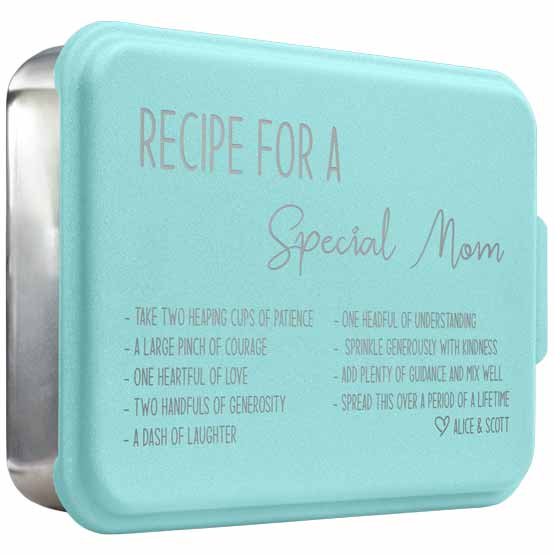 Custom Aluminum Cake Pan With Rectangle Shape And Teal Lid With Recipe For A Special Mom Message And Names