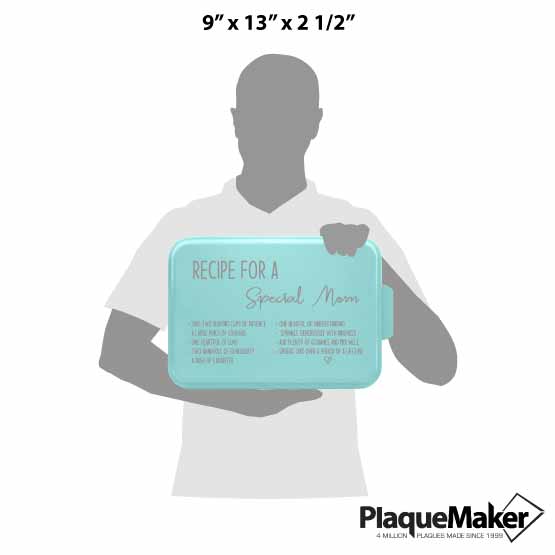 Size Guide With Blank Figure Holding Custom Aluminum Cake Pan With Teal Lid Featuring Recipe For A Special Mom Message