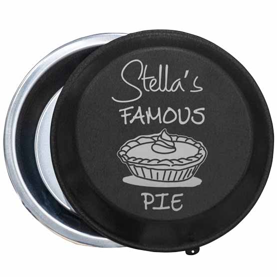 Custom Nine Inch Aluminum Pie Pan With Black Lid Featuring Pie Artwork And Stella’s Famous Pie Text Against White Background