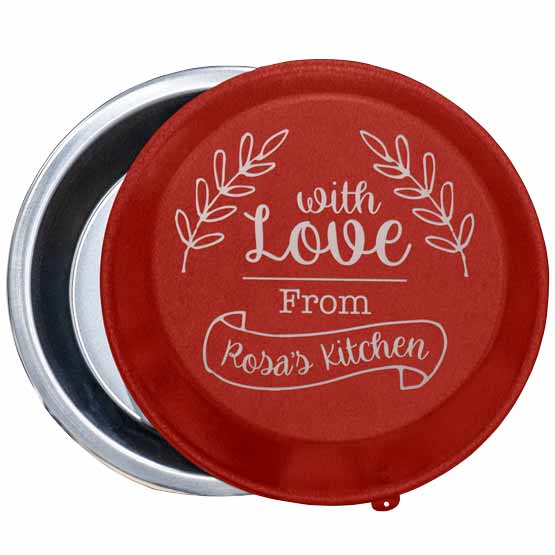 Custom Nine Inch Aluminum Pie Pan With Red Lid Featuring Name And Wheat Art Against A White Background
