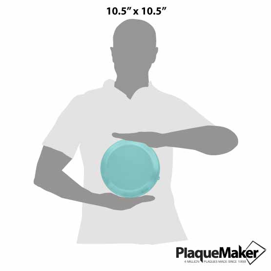 Size Guide With Blank Figure Holding Custom Nine Inch Aluminum Pie Pan With Teal Lid Against A White Background