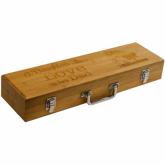 Custom Rectangle Bamboo Grill Set Case With Laser Engraved Father’s Day Message And Artwork Of Dad And Daughter With Tree