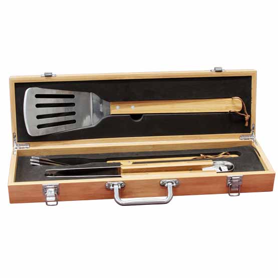 Opened Custom Rectangle Bamboo Grill Set With Barbecue Grilling Tools Secured By Insert Against A White Background