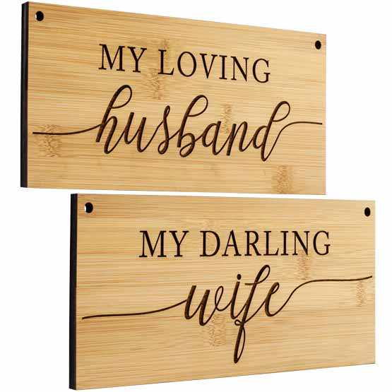Pair Of Custom Bamboo Wooden Chair Signs Featuring My Loving Husband And My Loving Wife Text And Holes For String