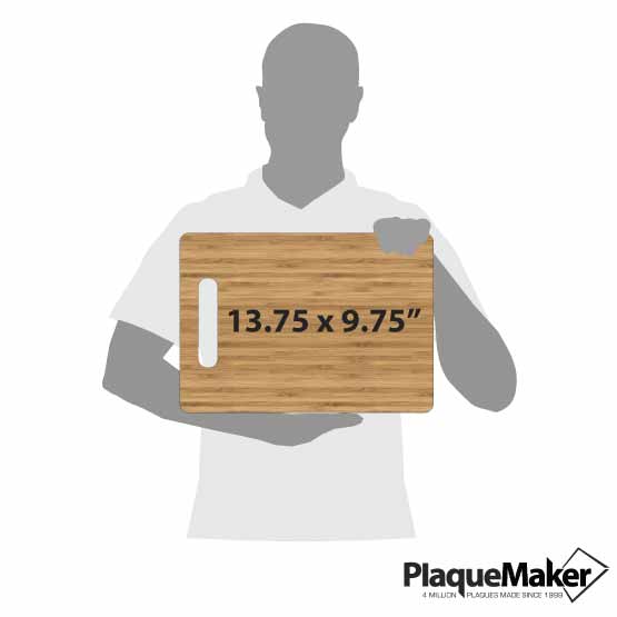 Size Guide With Blank Figure Holding Custom Bamboo Cutting Board Showing Measurements Against A White Background