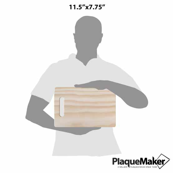 Size Guide With Blank Figure Holding Custom Pine And Bamboo Cutting Board With Rectangle Shape Against White Background