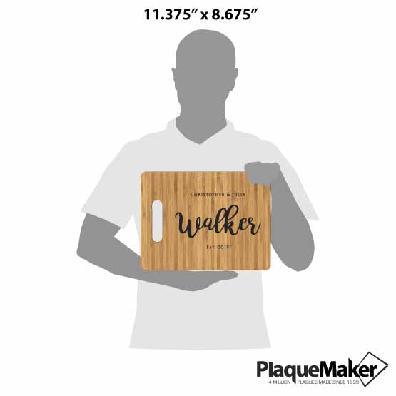 Size Guide With Blank Figure Holding Custom Bamboo Cutting Board With Family Names And Date Against White Background