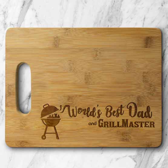 Custom Bamboo Cutting Board With Grill Artwork And World’s Best Dad And Grillmaster Text On Marble Kitchen Countertop