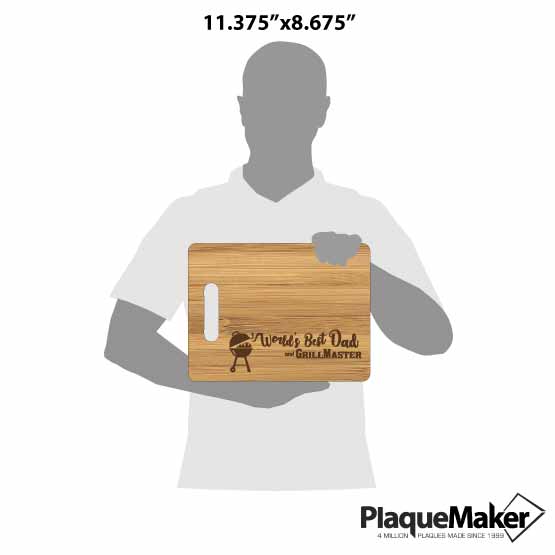 Size Guide With Blank Figure Holding Custom Bamboo Cutting Board With Grill Artwork And World’s Best Dad And Grillmaster Text