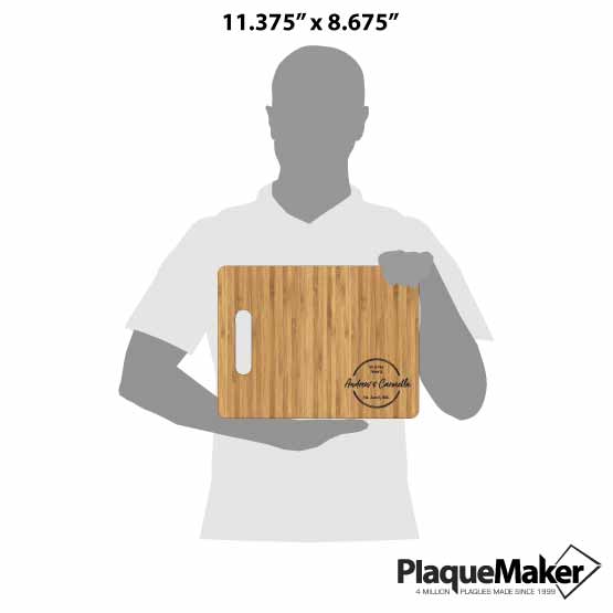 Size Guide With Blank Figure Holding Custom Bamboo Cutting Board With Couple Names And Family Names Against White Background