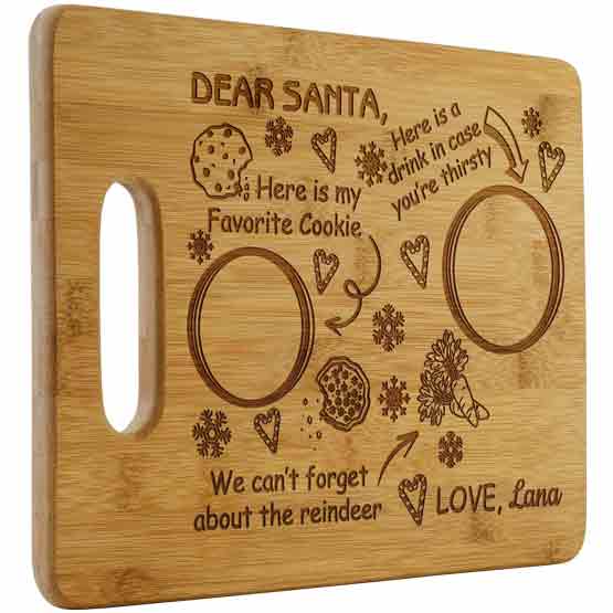 Custom Bamboo Cutting Board With Festive Artwork And Dear Santa Message And Circles For Glasses Of Milk 
