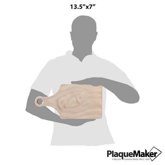 Size Guide With Blank Figure Holding Custom Paddle Shaped Pine And Bamboo Cutting Board In Landscape Layout Position