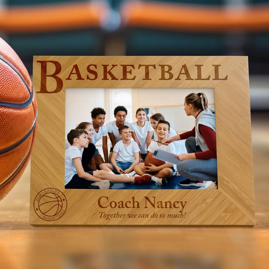 Custom Bamboo Picture Frame With Photo Of Kids Basketball Team And Coach Appreciation Message On Gym Floor With Ball