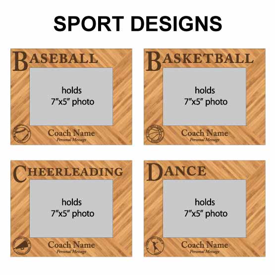 Size Guide Showing Coach Appreciation Bamboo Picture Frame Options For Baseball And Basketball And Cheerleading And Dance