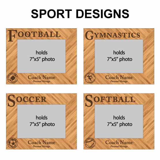 Size Guide Showing Coach Appreciation Bamboo Picture Frame Options For Football And Gymnastics And Soccer And Softball