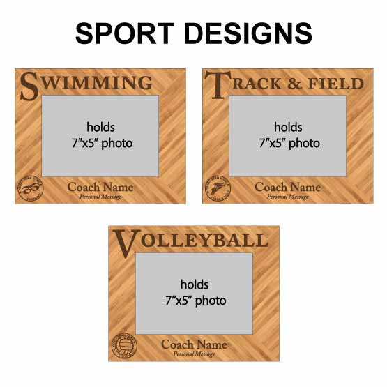 Size Guide Showing Coach Appreciation Bamboo Picture Frame Options For Swimming And Track And Field And Volleyball