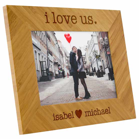 Custom Bamboo Picture Frame With Photo Of Kissing Couple On Street And Laser Engraved With Names And I Love Us Message