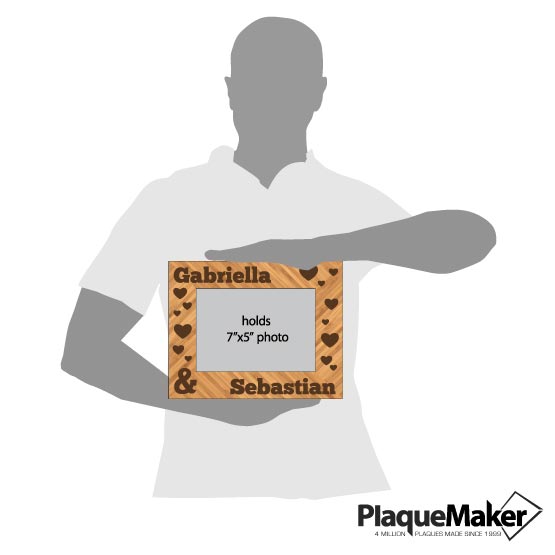 Size Guide With Blank Figure Holding Custom Bamboo Picture Frame Laser Engraved With Couple Names And Heart Artwork