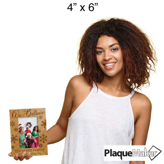 Size Guide With Woman Holding Custom Bamboo Picture Frame With Family Christmas Photo And Engraved With Snowflakes And Names