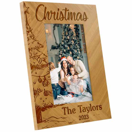 Custom Bamboo Picture Frame With Photo Of Family Opening Presents And Engraved With Christmas Text And Tree And Name And Date