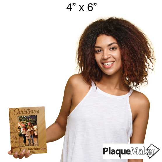 Size Guide With Woman Holding Custom Bamboo Picture Frame With Family Photo And Engraved With Christmas And Tree Art And Name