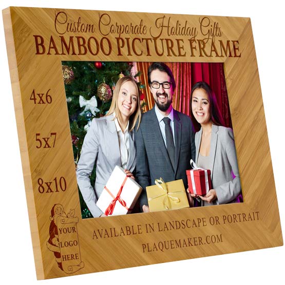 A bamboo picture frame with a wood-grain finish, shown at an angle on a white background. The frame features details about the frame with engraved text and containing a picture of three people holding Christmas presents.