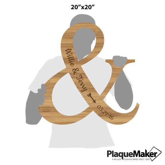 Size Guide With Blank Figure Holding Custom Ampersand Shaped Bamboo Sign Laser Engraved With Couple Names And Date