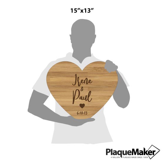 Size Guide With Blank Figure Holding Custom Heart Shaped Bamboo Sign Laser Engraved With Couple Names And Date And Heart